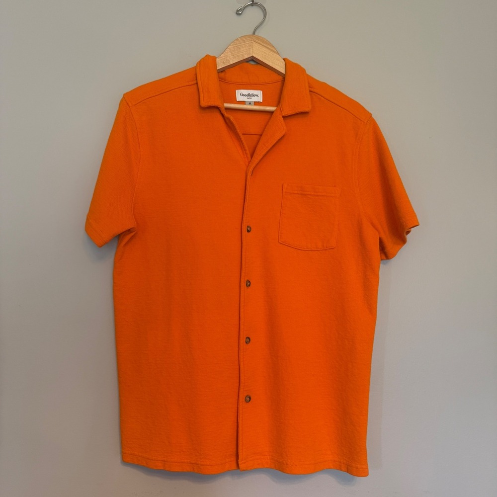Goodfellow Mens Orange Textured Short Sleeve Camp Collar Button Down Shirt M